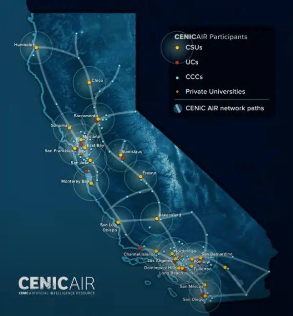 Map of CENIC AIR demonstrating how community colleges cluster around four-year and post-graduate institutions.